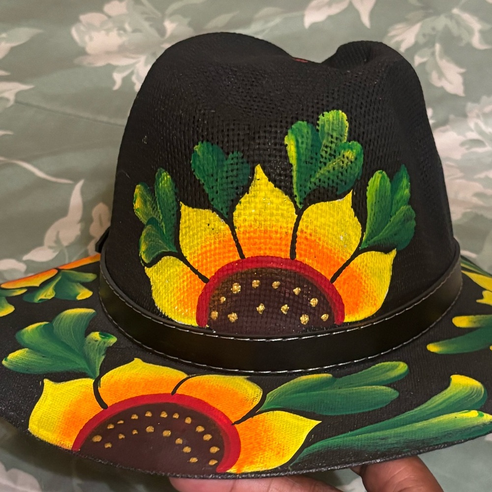 Hand-Painted Sunflower Black Hat